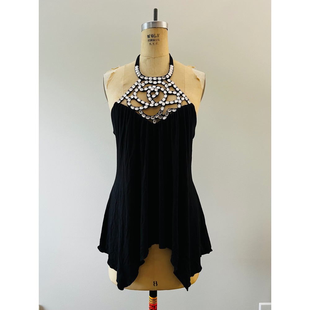 Y2K Boho Festival Black Halter Top Rhinestone Crystal Neck Handkerchief Hem  XS